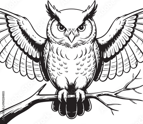 A detailed illustration of an owl with wings spread wide, perched on a branch against a subtle floral background, conveying wisdom and vigilance.
