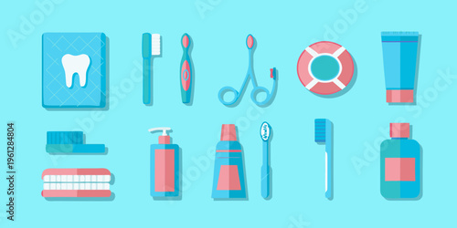 Assorted dental hygiene products and medical tools in a flat lay style