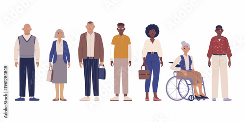 Diverse group of people standing and posing including a wheelchair user