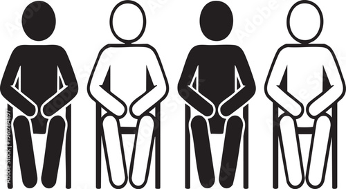 a group of four stick figures sitting in chairs, two in black and two in white, on a light gray background, useful for business, teamwork, or social concept illustrations