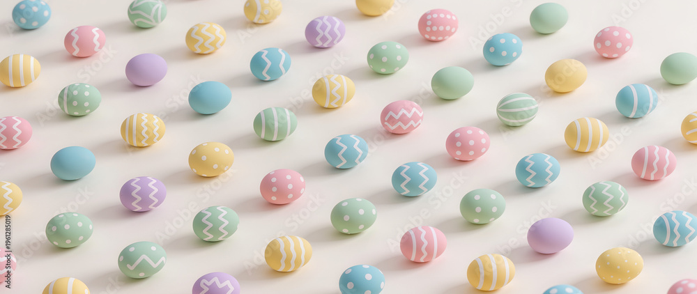 Fototapeta premium Colorful Easter eggs arranged in rows on a light background 