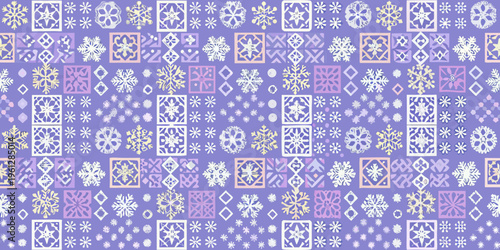 Intricate pattern of hand drawn snowflakes in shades of purple and white