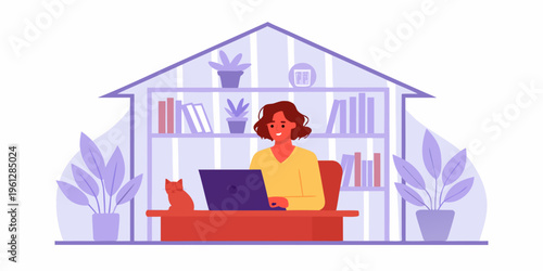 Woman working remotely inside a house shaped workspace illustration