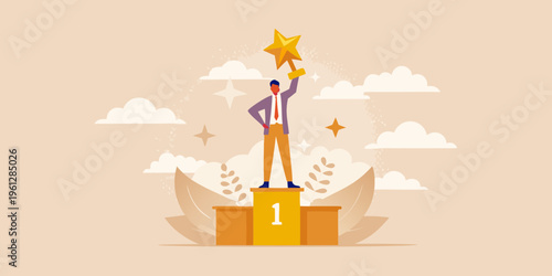 A businessman celebrates victory atop a golden pedestal with a star