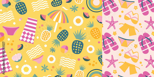 Colorful summer pattern featuring beach items and tropical fruits