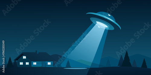 A glowing unidentified flying object illuminates a quiet nighttime landscape