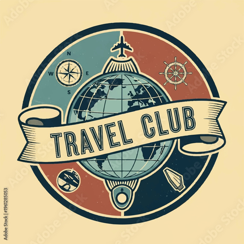 Vintage Travel Club Badge Featuring Globe and Travel Icons.