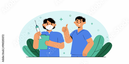 Healthcare workers with syringe and clipboard promoting vaccination efforts