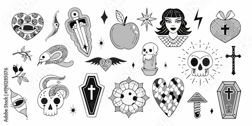 Collection of traditional style flash tattoo designs in black and white