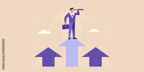 A businessman uses binoculars while standing on an upward pointing arrow