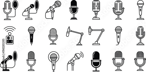 Microphone and Audio Equipment Icon Set with Studio Mics Wireless and Wired Audio Recording Devices for Podcasting and Broadcasting Design