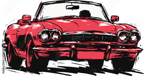 A vibrant red vintage convertible sports car illustration with detailed features