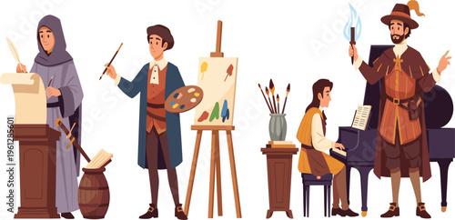 Renaissance Era Creative Individuals Set Depicting Scribe, Artist, Musician, and Performer