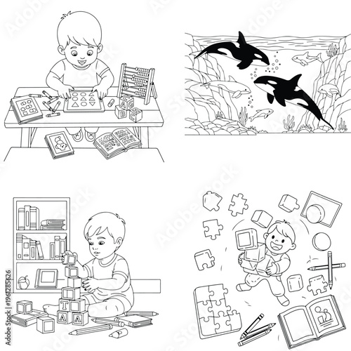 Sleeping cartoon satellite in orbit with stars and planets outline with coloring page with line art