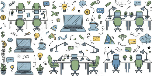 Office Workspace Illustration with Laptops, Plants, and Creative Elements