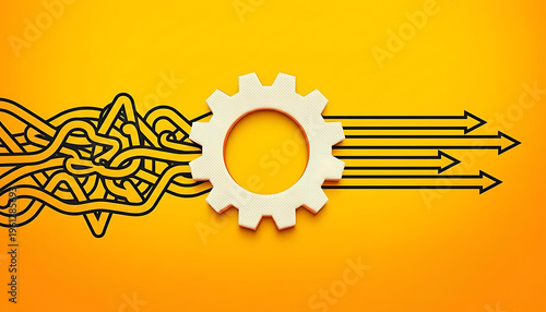 Abstract Transformation Concept with Chaotic Lines Turning into Arrows Through Central Gear, Symbolizing Order Progress and Efficiency in Modern Design..