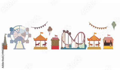 Colorful theme park attractions set with ferris wheel roller coaster and carousel isolated on white background vector