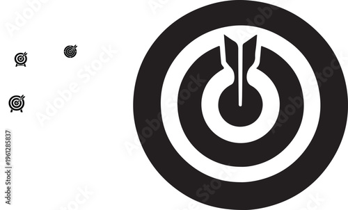 Circular target with sharp arrow aligned perfectly in middle, flat silhouette vector icon design