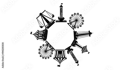 Theme park ride silhouettes in circular layout with ferris wheel and attractions isolated on white background vector
