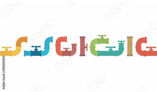 Horizontal set of colorful plumbing pipes with fittings and valves clean minimal vector isolated on white background