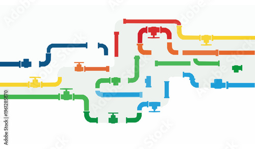 Abstract colorful plumbing pipe network with connected tubes and valves isolated on white background vector