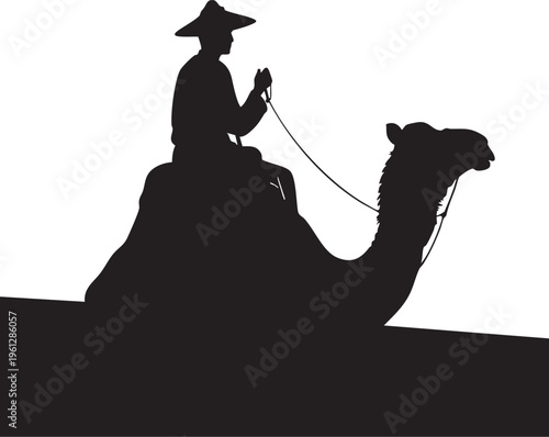 A person in a conical hat rides a camel through a desert environment, captured in a striking silhouette against a bright sky.