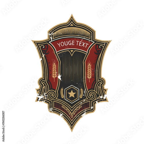 Elegant heraldic shield emblem with ornate scrollwork and gold detailing design.