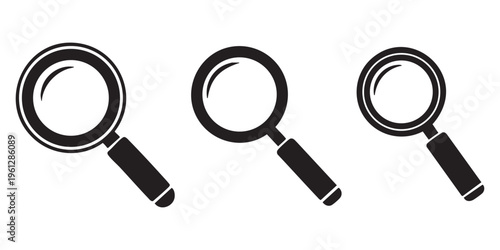 Three black magnifying glass icons in different sizes on a for search concepts