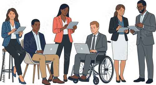 Diverse group of professional business people working together with laptops and tablets in a modern inclusive office environment