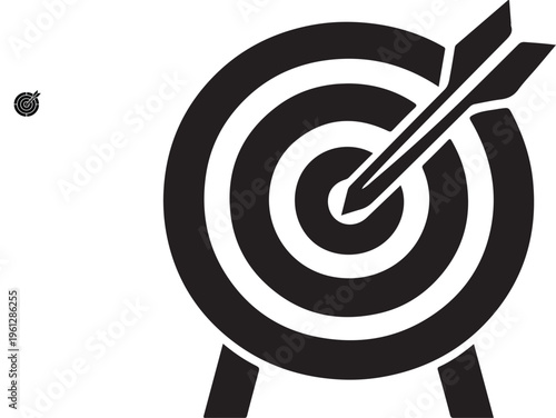 Concentric circle target with centered arrow, minimal flat silhouette precision vector icon design