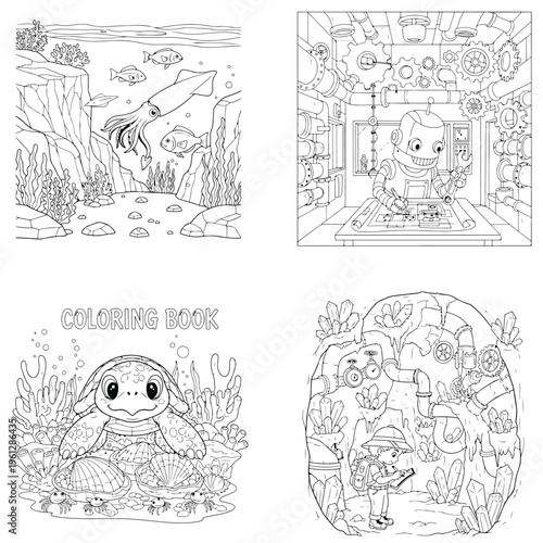 Cute cartoon space shuttle launching with clouds and space elements with line art