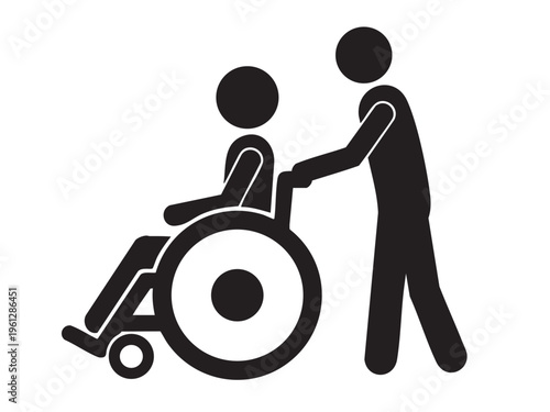 Black silhouette of a person pushing a person in a wheelchair