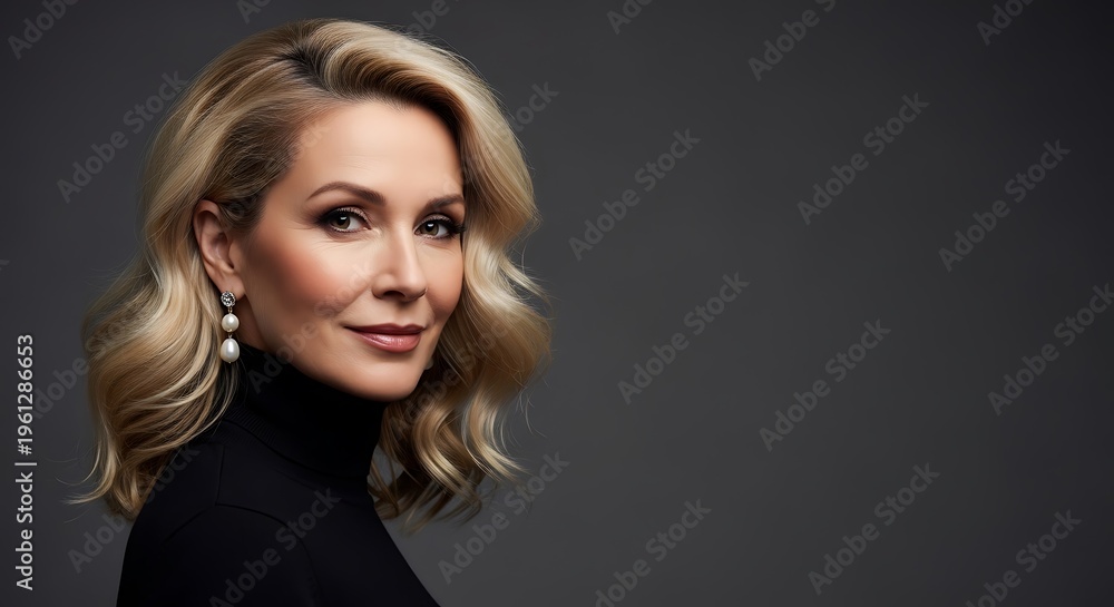 Fototapeta premium Elegant portrait of a woman with blonde wavy hair, wearing a black turtleneck & earrings