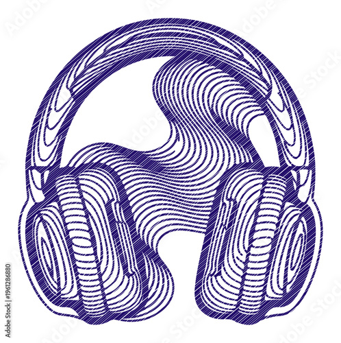Abstract sound waves visualized as headphones in a vibrant purple line art style