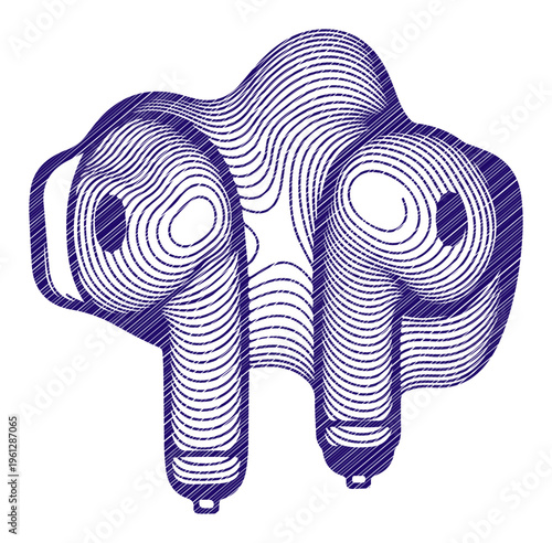 Modern wireless earbuds represented with abstract contour lines, conveying sound and connectivity
