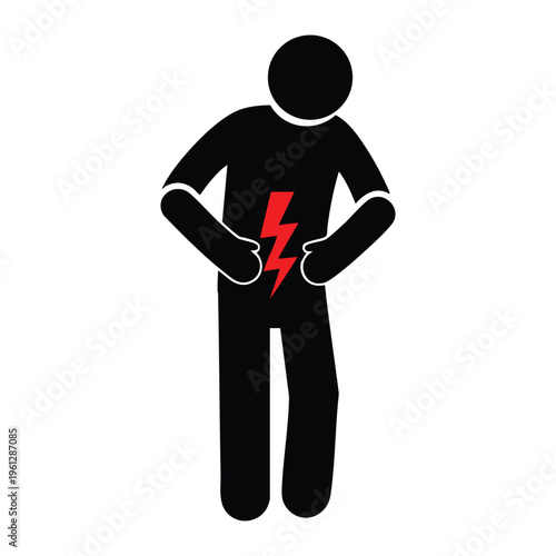 A person clutching their stomach in pain with a red lightning bolt symbol