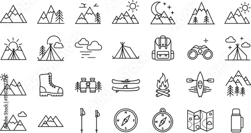 camping mountain set icon  Adventure outdoor, hiking, adventure, nature, travel, tent, forest,  landscape, explore, survival, climbing, vector, line, outline