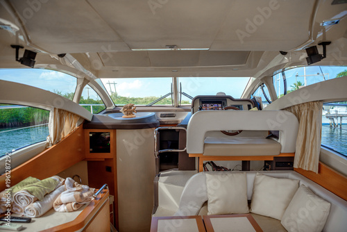 Luxury yacht interior cabin with modern design details