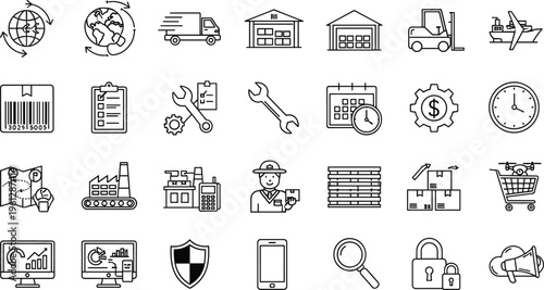 shipping Global Logistics Supply Chain and Freight Transport Line Icon Set delivery, truck, warehouse, forklift, global, trade, barcode, export, import, 