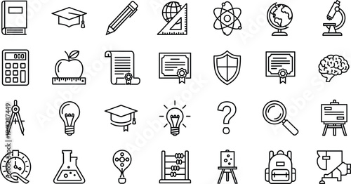 Back to School Education and Science Learning Line Icons student, laboratory, study, teacher, university, college, book, graduation, cap, mortarboard, pencil, 