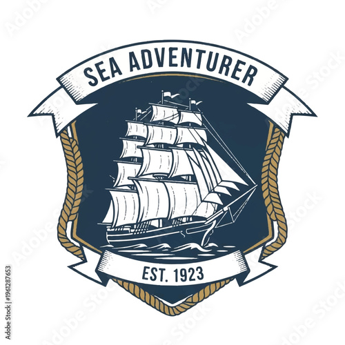 Logo Shield Emblem Featuring a Sailing Ship and Nautical Banner for Sea Adventurer Est. 1923.