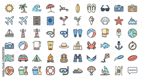 Summer Vacation and Beach Icons Mega Set Of 60 Colorful Flat Outline Vectors for Travel, Holiday, and Outdoor Activities