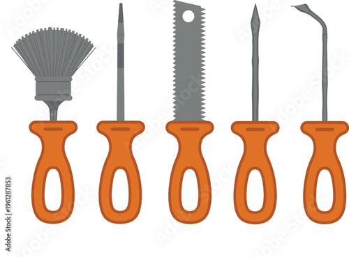 Set of five specialized tools with orange handles for crafts or detailing work with tool kit