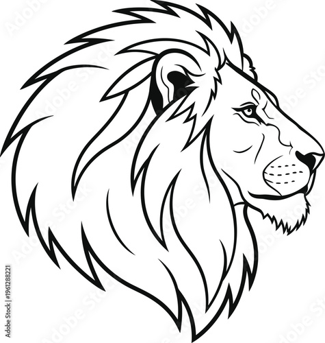 A black and white illustration of a lion's head in profile view
