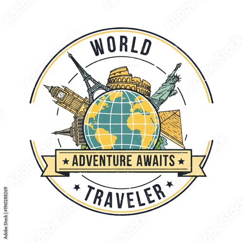 Global travel emblem featuring a globe, iconic landmarks, and the phrase World Adventure Awaits Traveler.