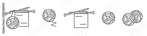 Knitting line icon set on a transparent background. Includes yarn ball, knitted fabric and knitting needles with editable stroke. Minimal, scalable design ideal for crafts, DIY, and creative use.