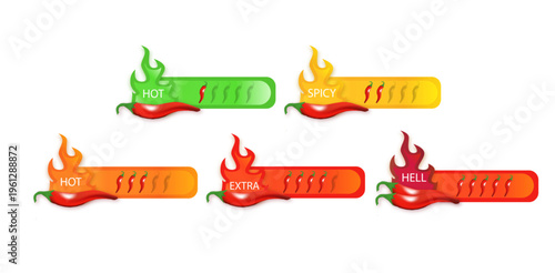 Chili spicy meter Paprika hot meter sign for label of product. Spicy food mild and extra hot sauce chili pepper red icons. Vector