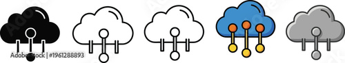 Collection of stylized cloud computing icons represents various data storage and network.
