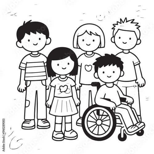 Diverse group of happy children including a boy in a wheelchair illustration