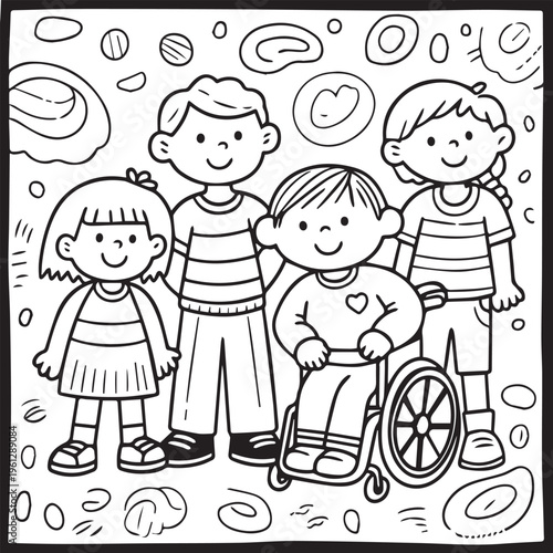 Diverse group of happy children including a boy in a wheelchair illustration